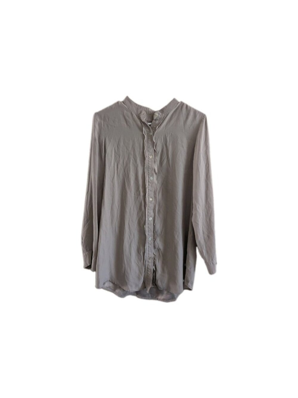 J. Jill 100% Silk Ruffle Front Tunic Blouse Size S Taupe Gray Long Sleeve